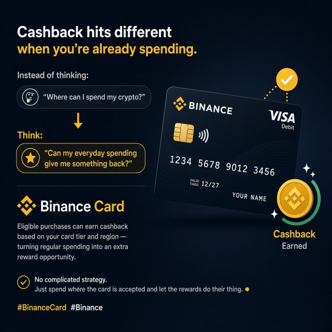 A Binance promotional advertisement for the Binance Card, featuring a dark background, the tagline 'Cashback hits different when you're already spending,' and an image of the Visa debit card alongside text about earning cashback on eligible purchases.