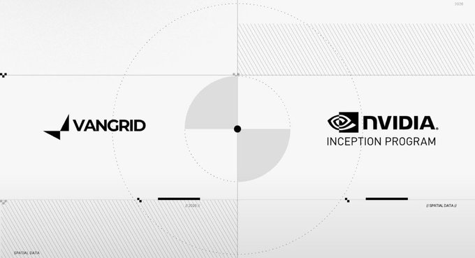A promotional graphic featuring the VANGRID logo on the left and the NVIDIA INCEPTION PROGRAM logo on the right, separated by a circular diagram and technical design elements on a white background.