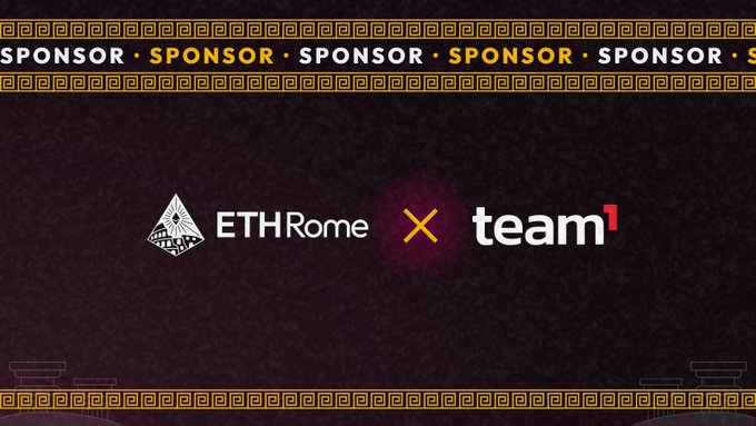 The image displays a promotional banner featuring the ETHRome logo alongside the "team1" brand, separated by an "X" symbol, set against a dark patterned background with gold Greek key border designs. This appears to be a sponsorship announcement, as "SPONSOR" text is repeated along the top banner, suggesting team1 is sponsoring the ETHRome hackathon event.