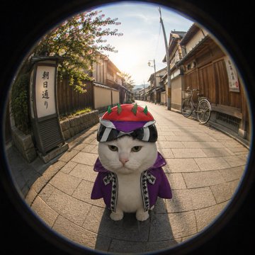 A white cat wearing a purple and red samurai-style outfit sits on a Japanese street, viewed through a circular fisheye lens.