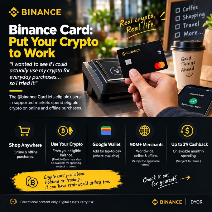A Binance promotional advertisement for the 'Binance Card' with the headline 'Put Your Crypto to Work,' featuring a hand holding a black Binance Mastercard being used at a terminal, alongside a checklist of uses including 'Coffee, Shopping, Travel, More...' and a coffee cup labeled 'Good Things Ahead.'