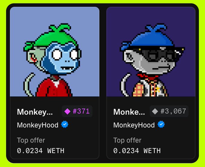 Two MonkeyHood NFTs (#371 "Monkey..." and #3,067 "Monke...") are displayed with matching top offers of 0.0234 WETH, supporting the post's claim about trading banana-themed monkey NFTs in the project to acquire a rarer Monkey King asset.