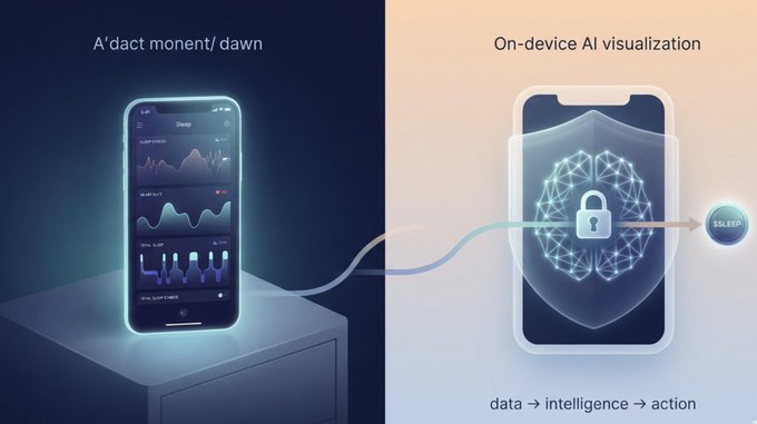Two-panel tech illustration: left side shows a smartphone displaying sleep charts in a dark setting; right side depicts 'On-device AI visualization' with a security shield and lock icon, labeled 'data → intelligence → action'.