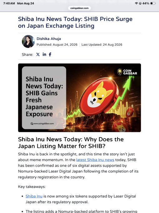 A screenshot from coingabbar.com titled 'Shiba Inu News Today: SHIB Price Surge on Japan Exchange Listing,' noting SHIB's inclusion among six digital assets supported by Nomura-backed Laser Digital Japan.