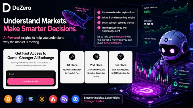 A landing page for 'DeZero - Understand Markets. Make Smarter Decisions' featuring an AI exchange waitlist signup, market sentiment showing 'BTC / USDT 68,542.31' as 'Bullish', and an illustration of a purple robot in a trading environment.