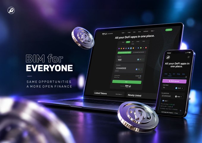 A promotional graphic reading 'DeFi for EVERYONE - SAME OPPORTUNITIES A MORE OPEN FINANCE' showing a laptop and smartphone displaying a DeFi token swapping interface alongside floating coin graphics.
