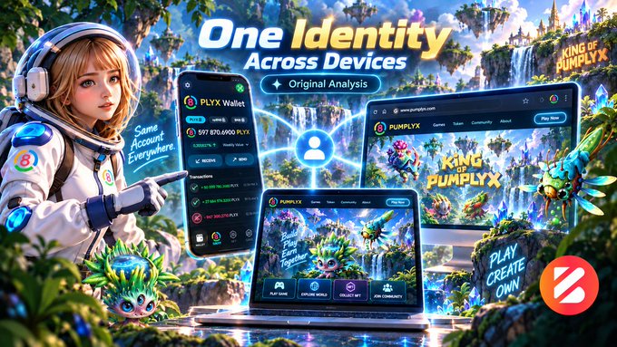 An anime-style astronaut in a spacesuit stands beside a smartphone, laptop, and desktop monitor, each displaying different views of the "PUMPLYX" game and "PLYX Wallet" interface, illustrating the "One Identity Across Devices" concept with floating islands and fantasy creatures in the background.