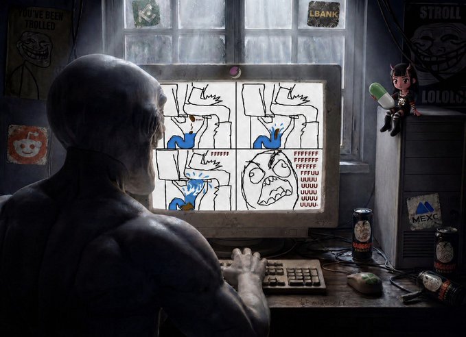 urn of flowers sits on a windowsill, accompanied by a computer monitor displaying a cartoon character and a keyboard with a green mousepad.