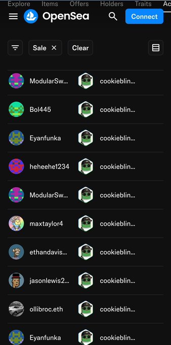 A mobile screenshot of the OpenSea platform showing a list of items on sale, with various user avatars, usernames, and pixel-art 'cookieblin...' NFT icons on a dark background.