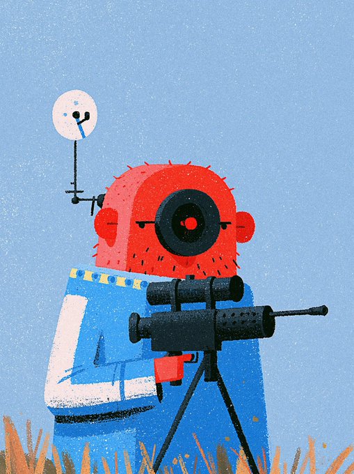 A stylized illustration depicts a red-headed character with a single large camera-like eye, antenna, and blue uniform, operating a large rifle-style camera on a tripod against a blue sky. The image visually echoes the post's theme of deliberate, thoughtful project-building, presenting the character as a methodical photographer taking the time to carefully compose their shot.