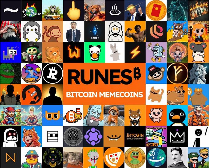 The image features a collage of various logos and icons related to Bitcoin meme coins. The main focus is on the "Runes" category, which includes logos for different meme coins such as "Rune", "RuneBits", "RuneCoin", "RuneMemes", "RuneFetches", "RunePets", "RuneDogs", and "RuneCats". The collage also contains other meme coins like "BitcoinMemes" and "BitcoinFetches". The image is accompanied by a caption that reads, "Hey @HTX_Global June is Rune June The perfect time to look into #Runes, thousands of holders, solid projects, an ultra active community! Official request: create a dedicated Runes category & start listing projects, the best ones or all of them, your choice runes fam".