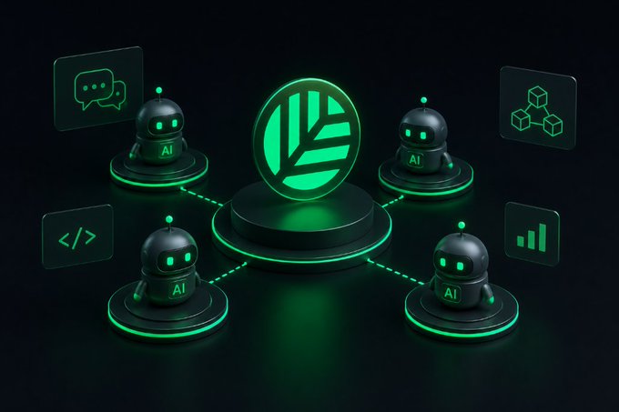 A 3D digital illustration showing four small green 'AI' robots connected by dashed lines to a central glowing green leaf-like logo, with floating icons for chat, code, cubes, and charts.