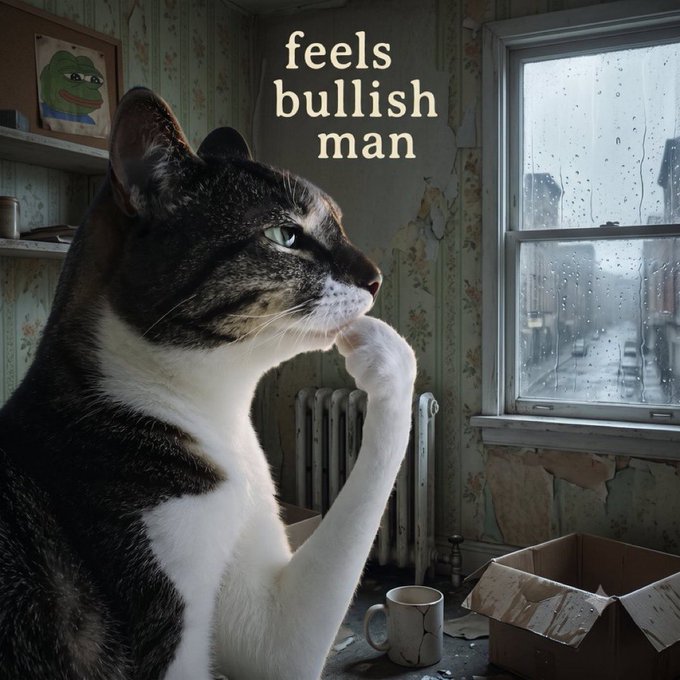 A thoughtful cat in a contemplative pose, paws resting on its chin, sits in a worn, vintage room beside a rain-streaked window, with the text "feels bullish man" displayed above. The image perfectly captures the calm, optimistic confidence of stacking $hmm through market dips—just chill, think, and hold for the billions.