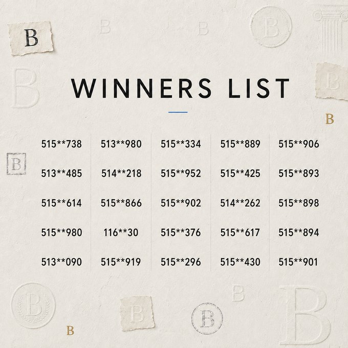 A winners list titled "WINNERS LIST" displays 25 partially masked account numbers (e.g., 515**738, 513**980, 515**334) arranged in a grid, with a vintage-style background featuring decorative "B" motifs, celebrating the Crypto Meme Challenge winners whose rewards will be sent to their Biconomy accounts.