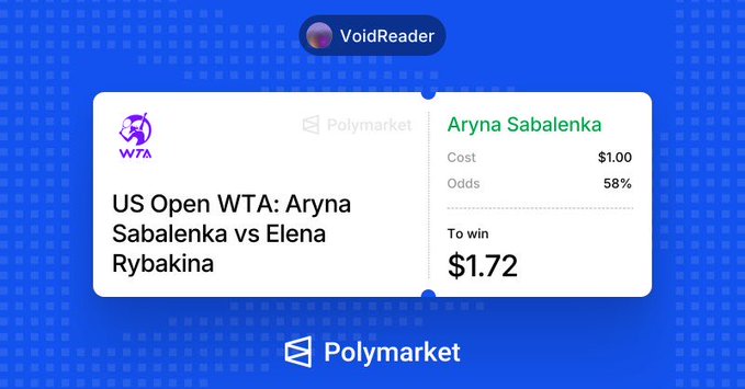 A Polymarket prediction card on a blue background for a 'US Open WTA: Aryna Sabalenka vs Elena Rybakina' match, showing betting odds of 58% for Sabalenka with a $1.00 cost to win $1.72.