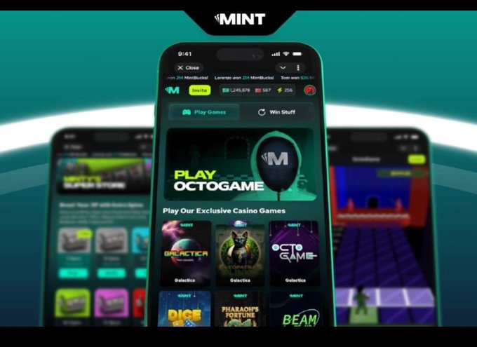 A smartphone displaying a casino gaming app called 'MINT' featuring games like OctoGame, Galactica, Pharaon's Fortune, Dice, and Beam, shown over a dark green background.