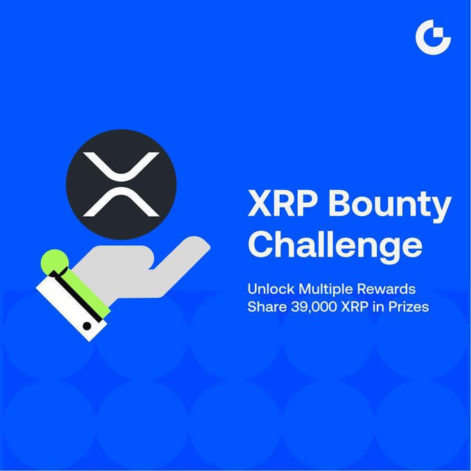 A blue promotional graphic for the "XRP Bounty Challenge" featuring the XRP logo above a hand holding a coin, with text announcing "Unlock Multiple Rewards, Share 39,000 XRP in Prizes." The image visually reinforces the bounty campaign's theme by depicting cryptocurrency rewards being offered.