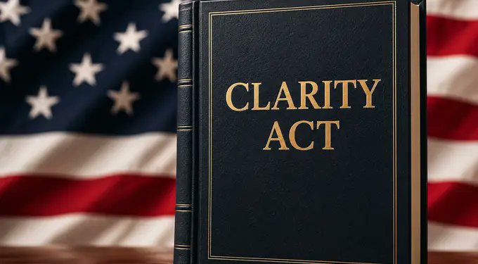 A dark leather-bound book emblazoned with the gold title "CLARITY ACT" stands prominently in front of a draped American flag, symbolizing the legislative proposal that Senate Democrats are set to discuss ahead of Tuesday's procedural vote. The formal, authoritative presentation of the legislation underscores the high-stakes nature of the ongoing bipartisan negotiations and unresolved ethical concerns highlighted in the post.