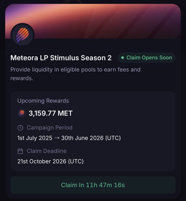 The image shows a "Meteora LP Stimulus Season 2" rewards dashboard displaying an upcoming allocation of **3,159.77 MET**, with a claim timer counting down (11h 47m 16s) and a campaign period running from 1st July 2025 to 30th June 2026. This directly supports the post by showing the user's claimed $MET airdrop amount of approximately 3,100 tokens earned through LP activity on Meteora.