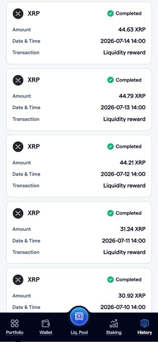 A screenshot of the FortisX dashboard displays five completed XRP liquidity reward transactions ranging from 30.92 XRP to 44.79 XRP, dated between July 10–14, 2026, illustrating the platform's clear tracking of rewards as highlighted in the post.