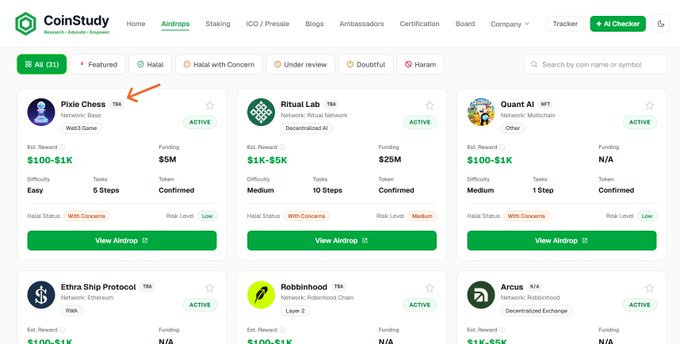 The image shows a CoinStudy airdrops page with a red arrow pointing to the "Pixie Chess" TBA airdrop, displaying an estimated reward of $100-$1K, $5M funding, and an "Easy" difficulty rating for a Web3 Game on the Base network.
