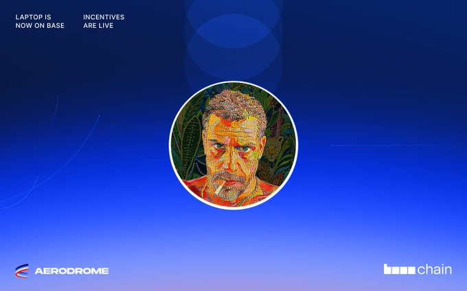 A blue promotional graphic featuring a colorful pixel-art portrait of a man smoking, with text 'LAPTOP IS NOW ON BASE' and 'INCENTIVES ARE LIVE', along with 'AERODROME' and 'base chain' logos.