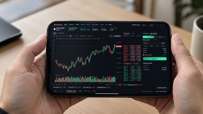 A person holds a smartphone displaying a cryptocurrency trading platform on what appears to be the "BTCDOT" chart with BTC/USDT pricing around $78,424.53, showing candlestick patterns and a "Trading by Orders" panel—visually reinforcing the concept of automated bot trading in action.