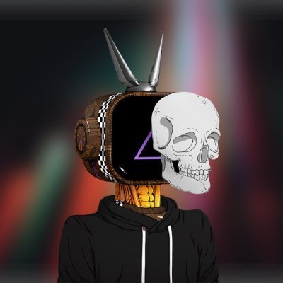A stylized digital illustration of a figure wearing a black hoodie with a skull-faced TV/monitor head topped with horns, featuring a glowing purple '4' on the screen.