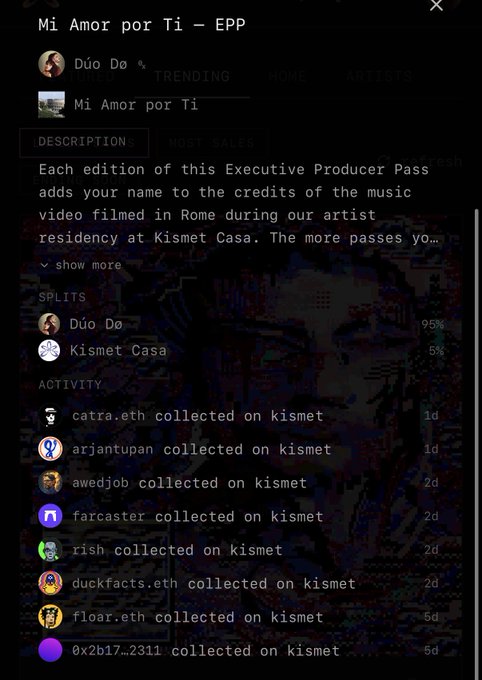 1. "Mi Amor por Ti" Executive Producer Pass Grants Spotlight in Music Video Credits,
2. "Duo Du & 'Kismet Casa' Participants Discover Increasingly Wild Eth Collecting Activity"