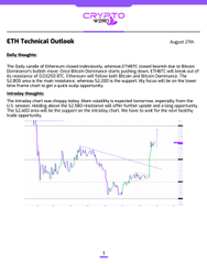 An 'ETH Technical Outlook' document dated August 27th, analyzing Ethereum's daily and intraday charts, with visible text discussing price action around $2,600-$2,700.