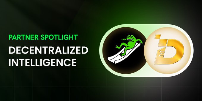 A "Partner Spotlight" graphic for Decentralized Intelligence, featuring the Pepe frog logo alongside the SlideFunBot "D" emblem, visually announcing the new partnership between the two communities.