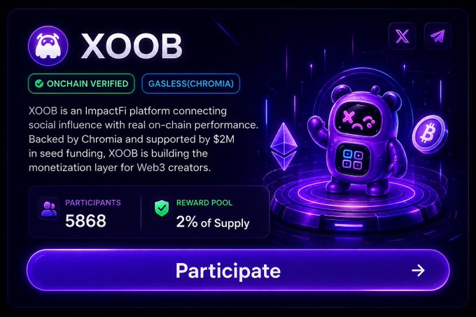 The image shows a poster for a website called XOOB, which is related to Web3 technology. The poster features a cartoon robot wearing a purple suit with a face and arms, standing against a dark background. The text on the poster highlights the importance of participation in the XOOB network and the need for better creator incentives and user experience. It also mentions that XOOB is pushing towards ImpactFi where participation and onchain contribution matter more than surface level metrics.
