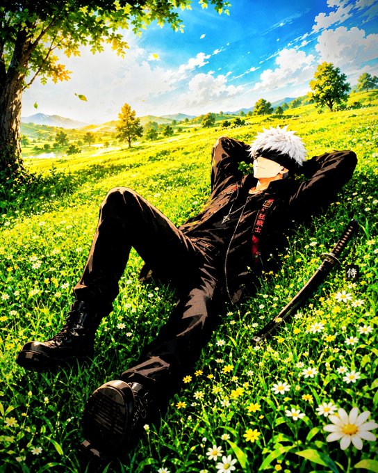 An anime-style illustration of a white-haired character in a black outfit reclining in a grassy field with daisies, with a katana sword beside him, under a bright blue sky.
