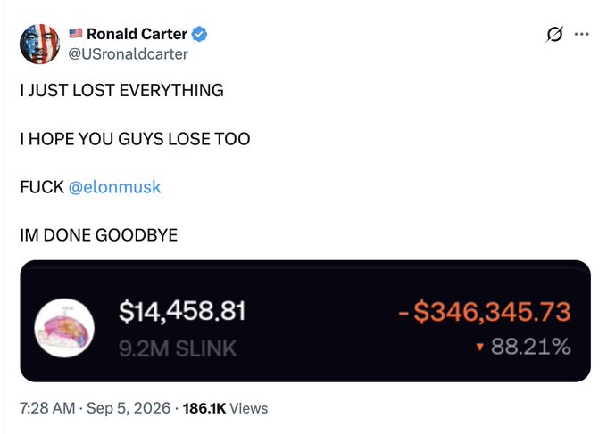 A tweet from verified user Ronald Carter (@USronaldcarter) reading 'I JUST LOST EVERYTHING / I HOPE YOU GUYS LOSE TOO / FUCK @elonmusk / DONE GOODBYE' along with a screenshot showing a loss of -$346,345.73 on 9.2M $LINK.