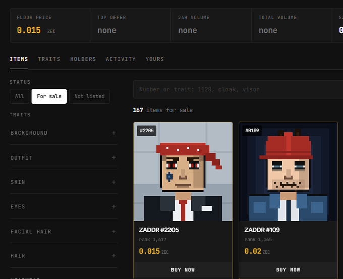 A marketplace showing "ZADDR" pixel-art NFTs for sale, with the floor price at 0.015 ZEC and items like ZADDR #2205 (rank 1,417) priced at 0.015 ZEC and ZADDR #109 (rank 1,155) at 0.02 ZEC. The image illustrates the post's point—despite the initial hype on Zcash, the collection's floor price has dropped significantly from its $30 mint to 0.015 ZEC (~$2), showing how quickly the market cooled.