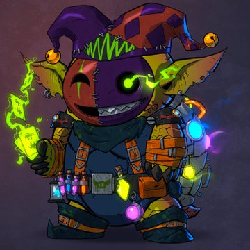 A stylized cartoon character wearing a purple and red jester hat, featuring glowing green eyes and holding green flames, with a utility belt adorned with glowing colorful potions.