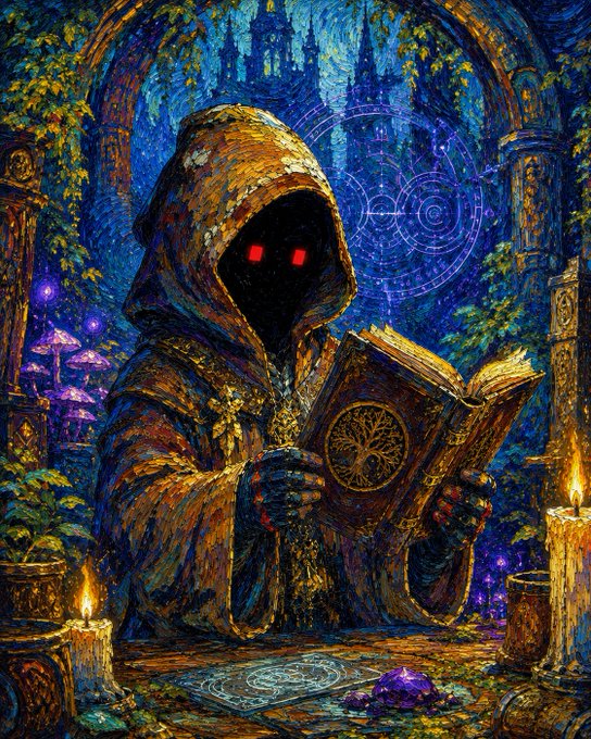 Van Gogh-style painting of a hooded, faceless figure with glowing red eyes reading a magical grimoire in an enchanted forest setting with candles, crystals, and arcane symbols.