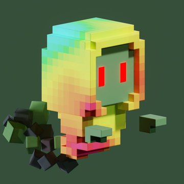 A 3D voxel/pixel-art character with a rainbow gradient hood, red eyes, and dark green hands floating against a dark green background.