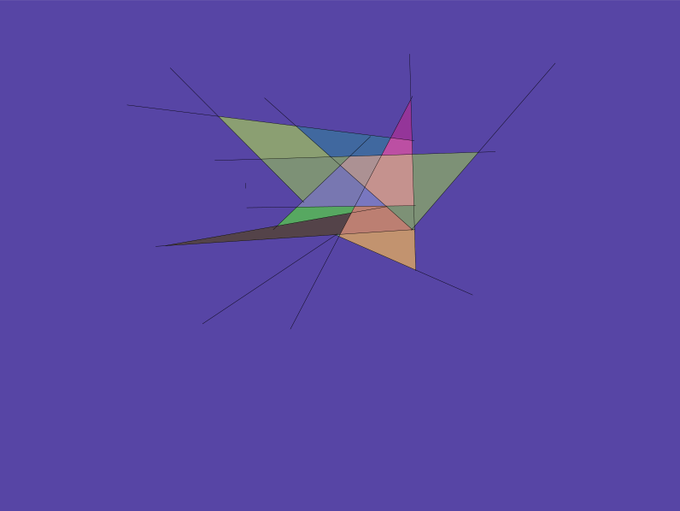 A geometric design with intersecting black lines on a solid blue background, featuring overlapping colored translucent triangles in shades of green, pink, blue, and orange near the center.