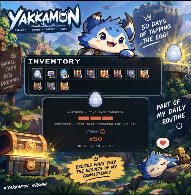 A promotional screenshot for a game called 'YAKKAMON' featuring a blue mascot, an inventory menu, and text highlighting '30 DAYS OF TAPPING THE EGG' with hashtag #Ronin.
