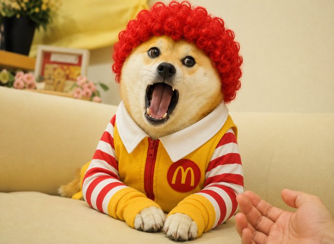 The image features a dog wearing a red wig, dressed up as a clown with a yellow shirt that has the McDonald's logo on it. The dog appears to be sitting on top of a couch or chair, looking surprised or excited about something happening around them. The caption for this image reads "I'M DOGIN' IT."