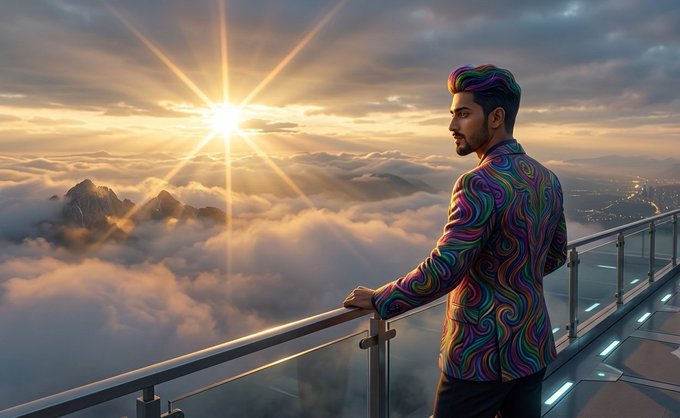 A digital illustration of a man with colorful rainbow hair and a swirling rainbow-patterned jacket standing on a balcony, gazing at a sunset above the clouds.