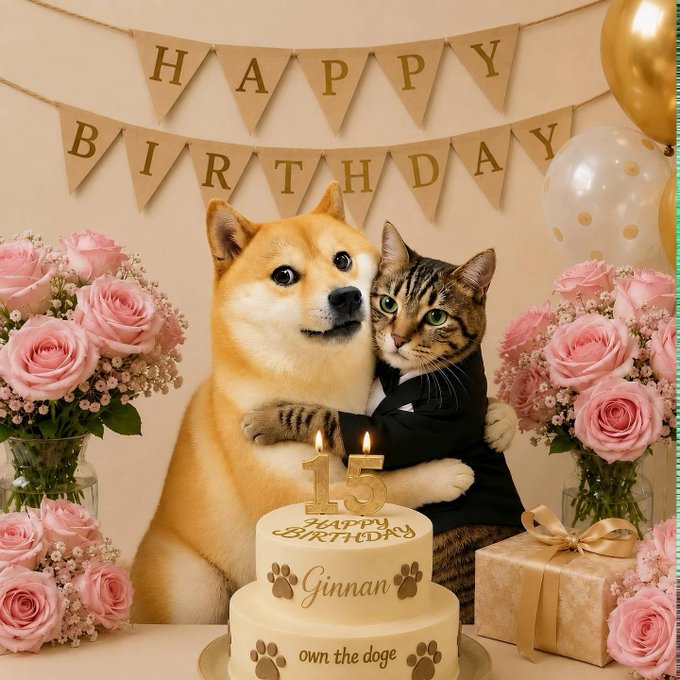 AI-generated birthday scene featuring a Shiba Inu dog and a tabby cat in a tuxedo embracing, surrounded by pink roses, gold balloons, a 'Happy Birthday' banner, and a two-tier cake with candles reading '15' and the name 'Ginnan' with 'own the doge'.