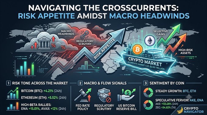 An infographic titled 'NAVIGATING THE CROSSCURRENTS: RISK APPETITE AMIDST MACRO HEADWINDS' showing crypto market analysis with data on Bitcoin, Ethereum, AKE, ENA, and AVAX from Crypto Navigator.