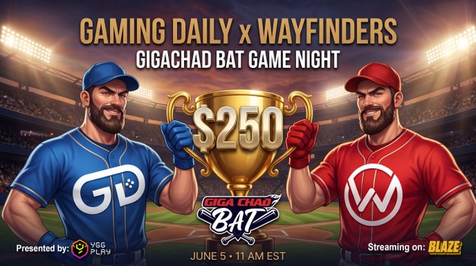 The image features a cartoon illustration of two baseball players from a video game, who are holding up trophies. A banner underneath announces " Gaming Daily x Wayfinders Game Night" with an event scheduled for June 5th at 11 AM EST. The game is played on the Gigachad Bat and there's $250 worth of prizes available. There are also announcements about how players can participate in a stream on Blaze and some rankings or prizes being offered.