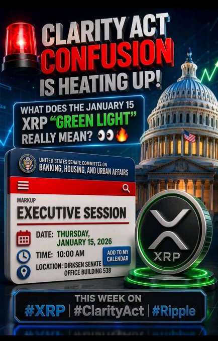 A promotional graphic titled 'CLARITY ACT CONFUSION IS HEATING UP!' about XRP, referencing a U.S. Senate Banking Committee executive session on Thursday, January 15, 2026 at 10:00 AM in Dirksen Senate Office Building 538, with hashtags #XRP, #ClarityAct, and #Ripple.
