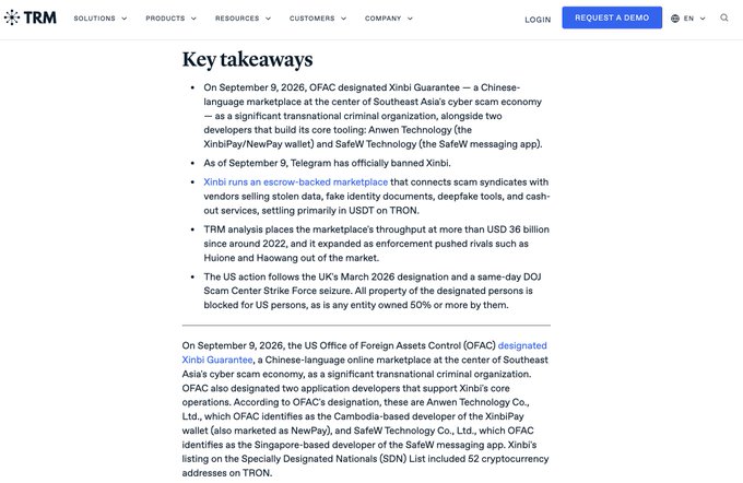 A TRM Solutions webpage displays 'Key takeaways' about OFAC's designation of Xinbi Guarantee as a Chinese-language marketplace for Southeast Asia's cyber scam economy, mentioning associated companies Anwen Technology and SafeW Technology, along with enforcement actions against Huione and Haowang.
