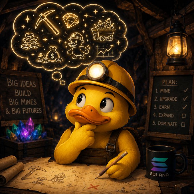 A thoughtful miner duck wearing a hard hat and overalls sits at a desk with a "SOLANA" mug, sketching plans beneath a glowing thought cloud filled with pickaxes, coins, and crystals. Chalkboards around him read "BIG IDEAS BUILD BIG MINES & BIG FUTURES" and "PLAN: 1. MINE, 2. UPGRADE, 3. EARN, 4. EXPAND, 5. DOMINATE," visually tying $DUCKVZ's future roadmap on Solana to the image's mining empire theme.