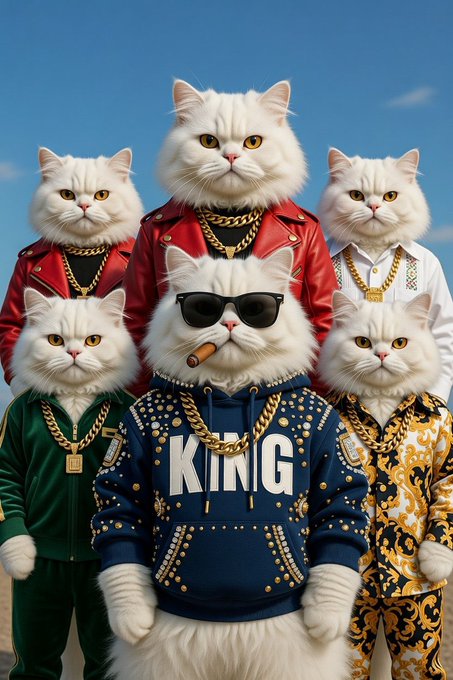 A group of white cats dressed in flashy streetwear and gold chains pose confidently under a blue sky, with the central cat sporting sunglasses, a cigar, and a hoodie reading "KING," symbolizing the bullish dominance and throne-like confidence behind the "$WKC is the BULLRUN" hype.