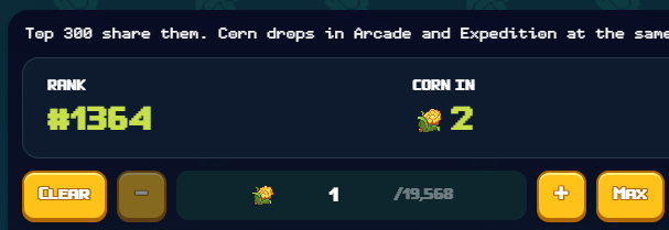 A game interface shows a rank of #1364 with a current corn count of 2 (out of 19,568 needed), illustrating the challenge of climbing into the top 400 for the YieldFields whitelist, as the poster warns players about the late opt-in strategy.